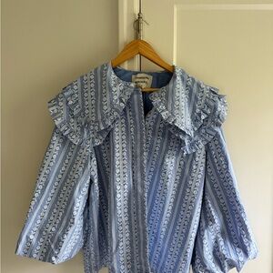 Blue Patterned Blouse with Ruffled Collar